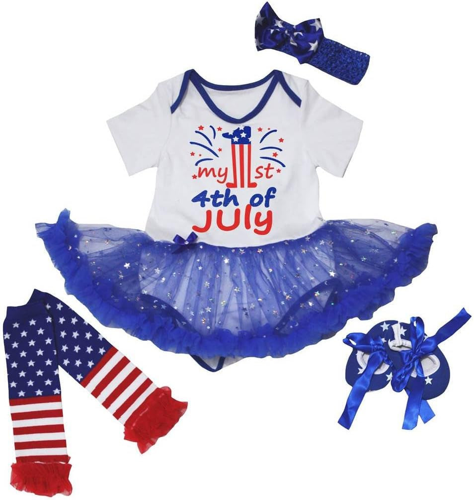 My 1St 4Th of July White Bodysuit Bling Stars Dress Leg Shoes Nb-18M